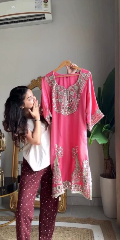Peach Roman Silk Mirror Work Salwar Suit | Jump Suits, Tops & Bottoms, Track Suits, Salwar suit, Casual Suits, Creative suits, Designer Suits, Palazzo Suits, Party Wear Suits, Patiala Suits, Straight Suits, Trendy Wear