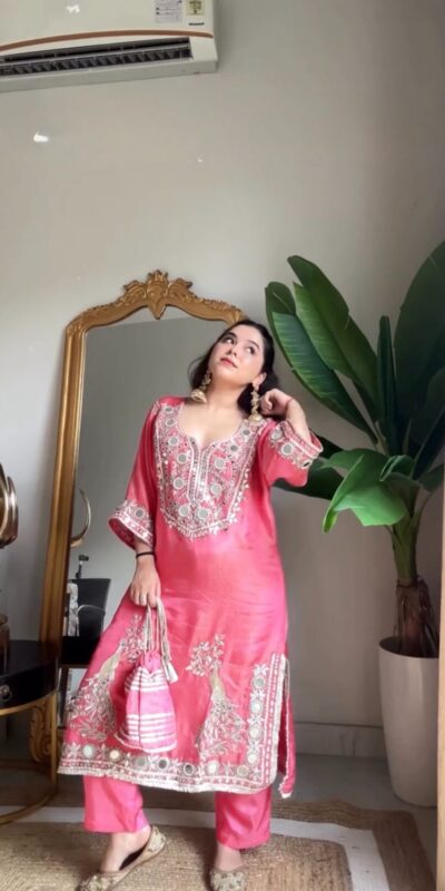 Peach Roman Silk Mirror Work Salwar Suit | Jump Suits, Tops & Bottoms, Track Suits, Salwar suit, Casual Suits, Creative suits, Designer Suits, Palazzo Suits, Party Wear Suits, Patiala Suits, Straight Suits, Trendy Wear