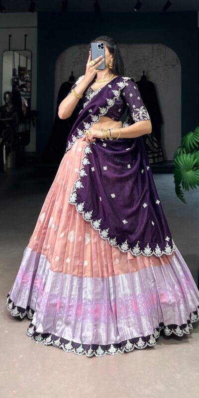 Peach Zari Kota Thread Lehenga Choli | Lehenga, Bollywood Lehenga, Creative Lehenga, Designer Lehenga, Embroidered Lehenga, Party Wear Lehenga