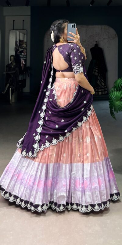 Peach Zari Kota Thread Lehenga Choli | Lehenga, Bollywood Lehenga, Creative Lehenga, Designer Lehenga, Embroidered Lehenga, Party Wear Lehenga