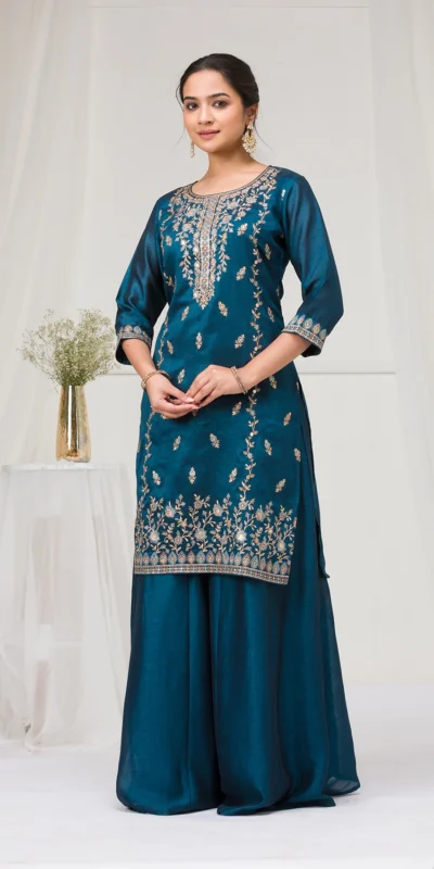 Peacock Blue Blooming Vichitra Embroidery Work Salwar Suit | Jump Suits, Tops & Bottoms, Track Suits, Salwar suit, Casual Suits, Creative suits, Designer Suits, Palazzo Suits, Party Wear Suits, Patiala Suits, Straight Suits, Trendy Wear