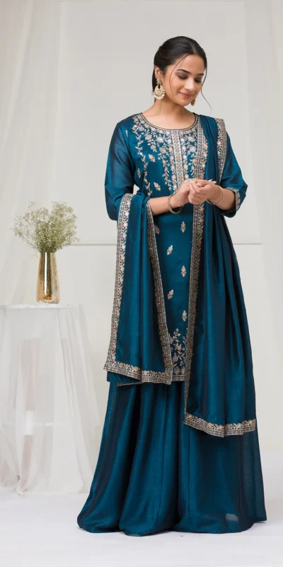 Peacock Blue Blooming Vichitra Embroidery Work Salwar Suit | Jump Suits, Tops & Bottoms, Track Suits, Salwar suit, Casual Suits, Creative suits, Designer Suits, Palazzo Suits, Party Wear Suits, Patiala Suits, Straight Suits, Trendy Wear