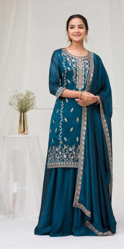 Peacock Blue Blooming Vichitra Embroidery Work Salwar Suit | Jump Suits, Tops & Bottoms, Track Suits, Salwar suit, Casual Suits, Creative suits, Designer Suits, Palazzo Suits, Party Wear Suits, Patiala Suits, Straight Suits, Trendy Wear