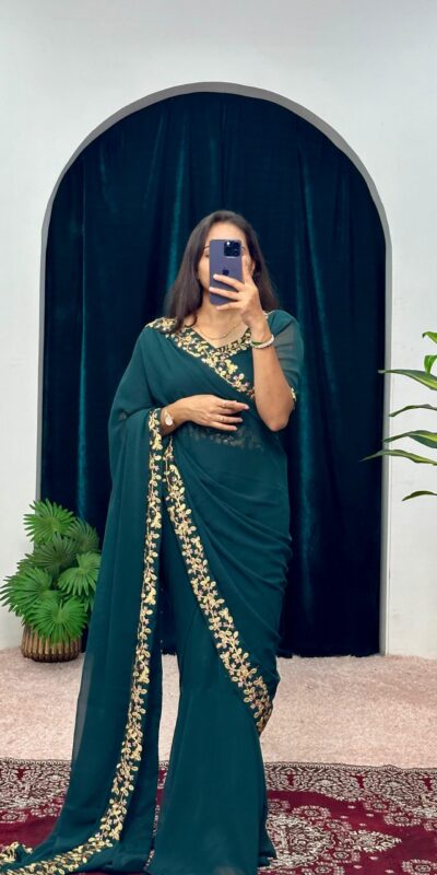 Peacock Blue Faux Georgette Embroidery Work Border Stitched Saree-Gown | Gowns, Bollywood Gowns, Creative Gowns, Designer Gowns, Embroidered Gowns, Party Wear Gowns, Straight Suits