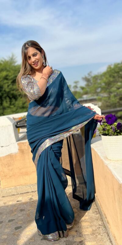 Peacock Blue Georgette Sequence Work Lace With Peiping Saree | Sarees, Bollywood Sarees, Creative Sarees, Designer Sarees, Embroidered Sarees, Ethnic Saree, Modern Digital sarees, Party Wear Sarees