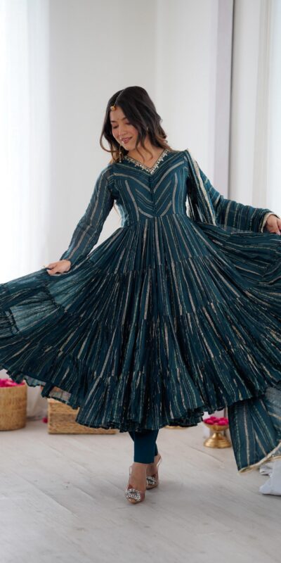 Peacock Blue Mal Chanderi Mirror Lace Work Gown | Gowns, Bollywood Gowns, Creative Gowns, Designer Gowns, Embroidered Gowns, Party Wear Gowns