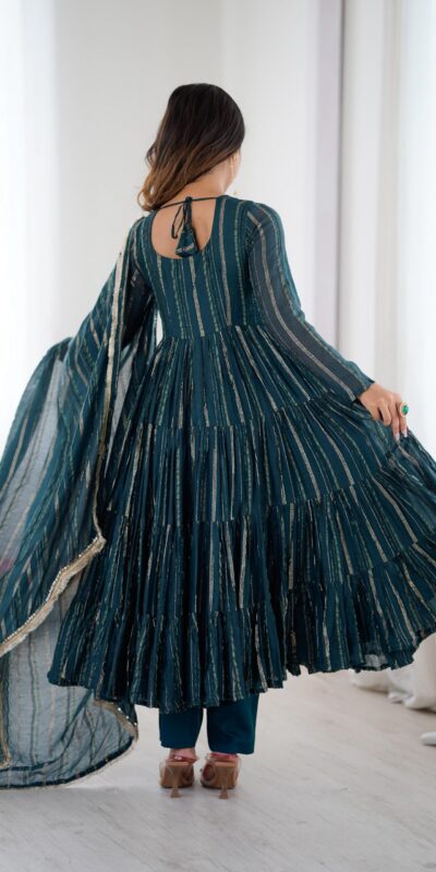 Peacock Blue Mal Chanderi Mirror Lace Work Gown | Gowns, Bollywood Gowns, Creative Gowns, Designer Gowns, Embroidered Gowns, Party Wear Gowns