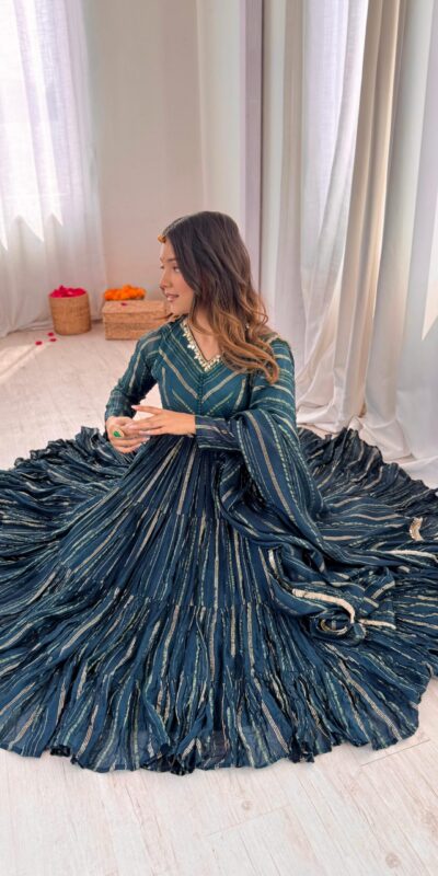 Peacock Blue Mal Chanderi Mirror Lace Work Gown | Gowns, Bollywood Gowns, Creative Gowns, Designer Gowns, Embroidered Gowns, Party Wear Gowns