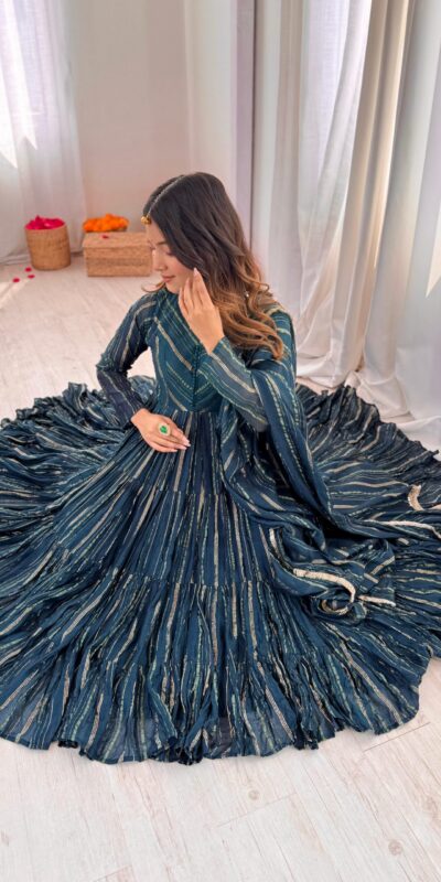 Peacock Blue Mal Chanderi Mirror Lace Work Gown | Gowns, Bollywood Gowns, Creative Gowns, Designer Gowns, Embroidered Gowns, Party Wear Gowns
