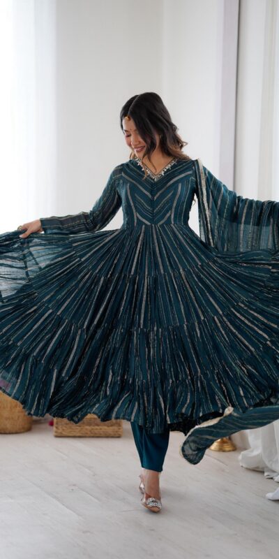 Peacock Blue Mal Chanderi Mirror Lace Work Gown | Gowns, Bollywood Gowns, Creative Gowns, Designer Gowns, Embroidered Gowns, Party Wear Gowns