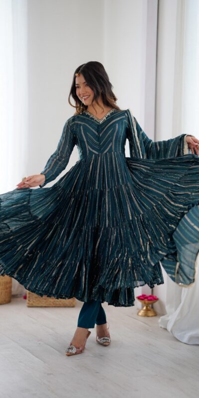Peacock Blue Mal Chanderi Mirror Lace Work Gown | Gowns, Bollywood Gowns, Creative Gowns, Designer Gowns, Embroidered Gowns, Party Wear Gowns