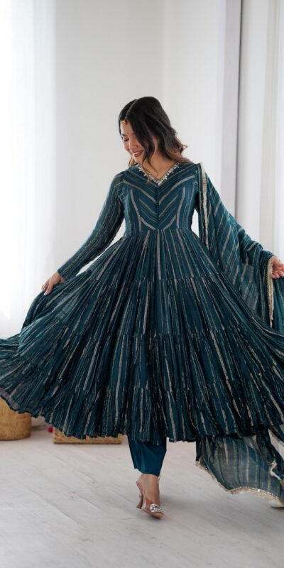 Peacock Blue Mal Chanderi Mirror Lace Work Gown | Gowns, Bollywood Gowns, Creative Gowns, Designer Gowns, Embroidered Gowns, Party Wear Gowns