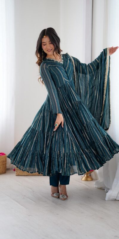 Peacock Blue Mal Chanderi Mirror Lace Work Gown | Gowns, Bollywood Gowns, Creative Gowns, Designer Gowns, Embroidered Gowns, Party Wear Gowns
