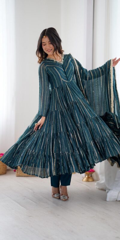 Peacock Blue Mal Chanderi Mirror Lace Work Gown | Gowns, Bollywood Gowns, Creative Gowns, Designer Gowns, Embroidered Gowns, Party Wear Gowns
