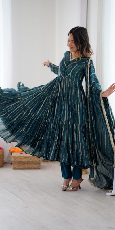 Peacock Blue Mal Chanderi Mirror Lace Work Gown | Gowns, Bollywood Gowns, Creative Gowns, Designer Gowns, Embroidered Gowns, Party Wear Gowns