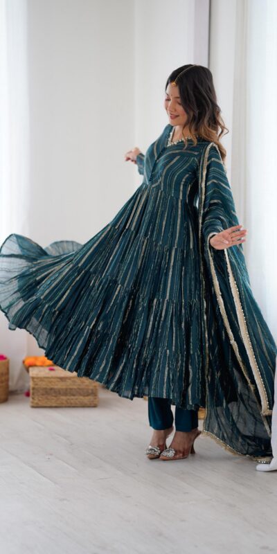 Peacock Blue Mal Chanderi Mirror Lace Work Gown | Gowns, Bollywood Gowns, Creative Gowns, Designer Gowns, Embroidered Gowns, Party Wear Gowns