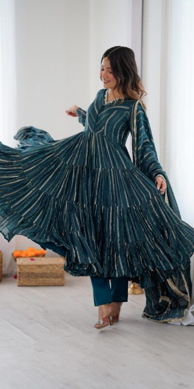 Peacock Blue Mal Chanderi Mirror Lace Work Gown | Gowns, Bollywood Gowns, Creative Gowns, Designer Gowns, Embroidered Gowns, Party Wear Gowns
