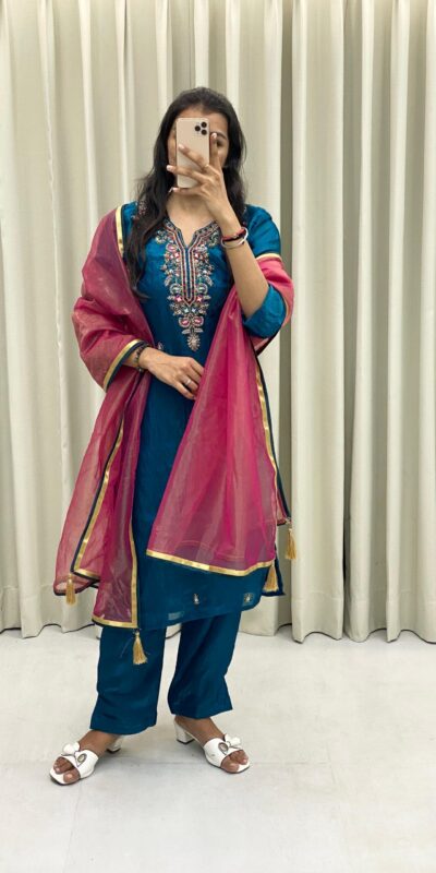 Peacock Blue Silk Hand Work Salwar Suit | Jump Suits, Salwar suit, Casual Suits, Creative suits, Designer Suits, Palazzo Suits, Party Wear Suits, Patiala Suits, Straight Suits