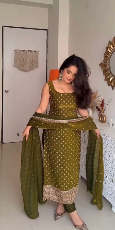 Perfect Mehendi Fendy Silk Sequence Work Salwar Suit | Jump Suits, Salwar suit, Casual Suits, Creative suits, Designer Suits, Palazzo Suits, Party Wear Suits, Patiala Suits, Straight Suits