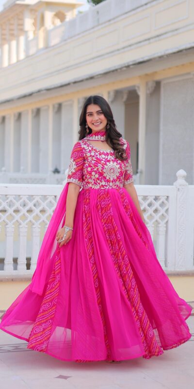 Pink Bandhej Fox Georgette Sequence Work Gown | Gowns, Bollywood Gowns, Creative Gowns, Designer Gowns, Embroidered Gowns, Party Wear Gowns