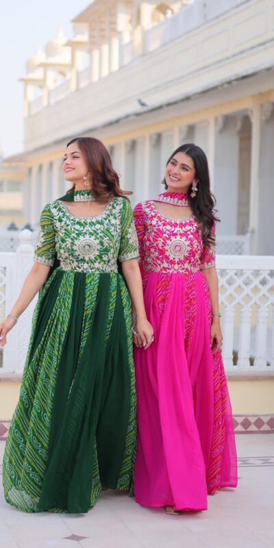 Pink Bandhej Fox Georgette Sequence Work Gown | Gowns, Bollywood Gowns, Creative Gowns, Designer Gowns, Embroidered Gowns, Party Wear Gowns