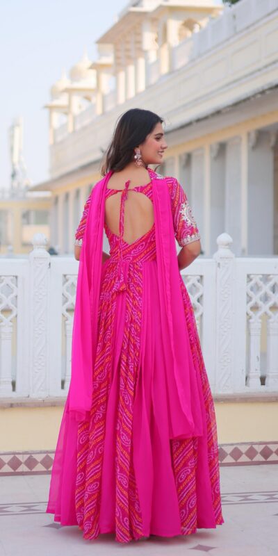 Pink Bandhej Fox Georgette Sequence Work Gown | Gowns, Bollywood Gowns, Creative Gowns, Designer Gowns, Embroidered Gowns, Party Wear Gowns