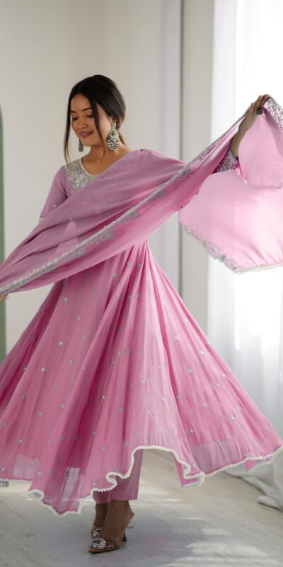 Pink Blooming Faux Embroidery Work Gown | Lehenga, Bollywood Lehenga, Creative Lehenga, Designer Lehenga, Embroidered Lehenga, Party Wear Lehenga