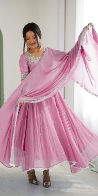 Pink Blooming Faux Embroidery Work Gown | Lehenga, Bollywood Lehenga, Creative Lehenga, Designer Lehenga, Embroidered Lehenga, Party Wear Lehenga