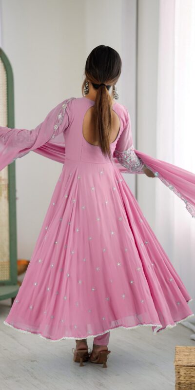 Pink Blooming Faux Embroidery Work Gown | Lehenga, Bollywood Lehenga, Creative Lehenga, Designer Lehenga, Embroidered Lehenga, Party Wear Lehenga