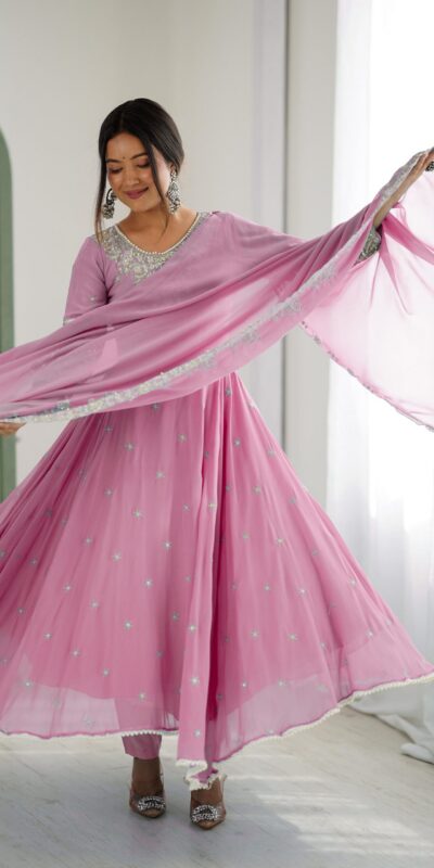 Pink Blooming Faux Embroidery Work Gown | Lehenga, Bollywood Lehenga, Creative Lehenga, Designer Lehenga, Embroidered Lehenga, Party Wear Lehenga