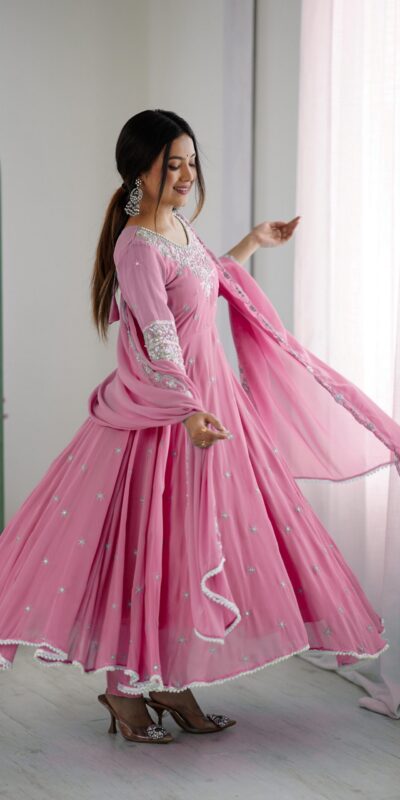 Pink Blooming Faux Embroidery Work Gown | Lehenga, Bollywood Lehenga, Creative Lehenga, Designer Lehenga, Embroidered Lehenga, Party Wear Lehenga