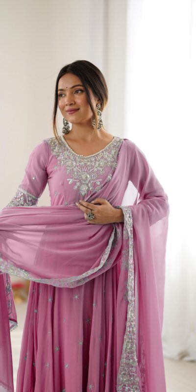 Pink Blooming Faux Embroidery Work Gown | Lehenga, Bollywood Lehenga, Creative Lehenga, Designer Lehenga, Embroidered Lehenga, Party Wear Lehenga