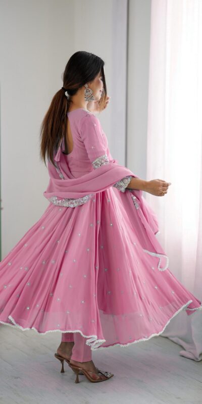 Pink Blooming Faux Embroidery Work Gown | Lehenga, Bollywood Lehenga, Creative Lehenga, Designer Lehenga, Embroidered Lehenga, Party Wear Lehenga