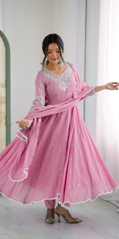 Pink Blooming Faux Embroidery Work Gown | Lehenga, Bollywood Lehenga, Creative Lehenga, Designer Lehenga, Embroidered Lehenga, Party Wear Lehenga
