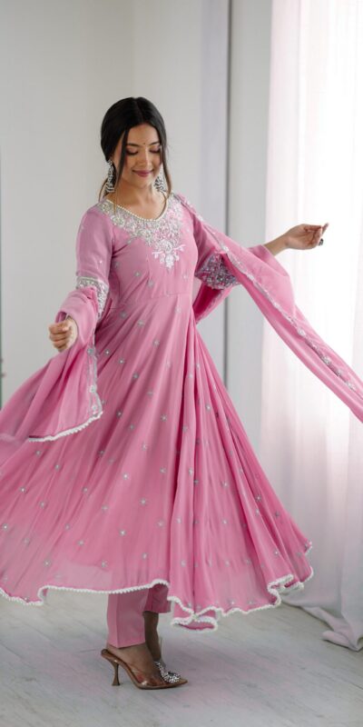 Pink Blooming Faux Embroidery Work Gown | Lehenga, Bollywood Lehenga, Creative Lehenga, Designer Lehenga, Embroidered Lehenga, Party Wear Lehenga
