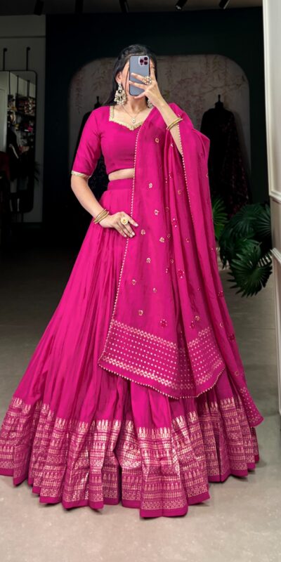 Pink Chanderi Plain With Zari Weaving Work Border Lehenga Choli | Lehenga, Bollywood Lehenga, Creative Lehenga, Designer Lehenga, Embroidered Lehenga, Party Wear Lehenga