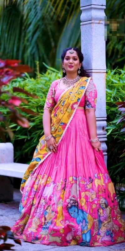 Pink Chent Crap Kalamkari Print Lehenga Choli | Lehenga, Bollywood Lehenga, Creative Lehenga, Designer Lehenga, Embroidered Lehenga, Party Wear Lehenga