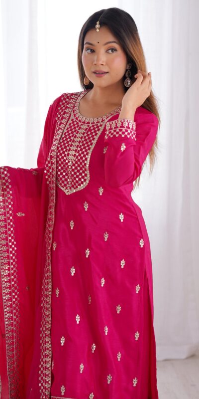Pink Chinon Silk Embroidery Jari Work Salwar Suit | Jump Suits, Salwar suit, Casual Suits, Creative suits, Designer Suits, Palazzo Suits, Party Wear Suits, Patiala Suits, Straight Suits