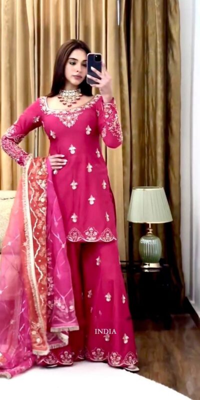 Pink Chinon Silk Embroidery Work Sawlar Suit | Jump Suits, Salwar suit, Casual Suits, Creative suits, Designer Suits, Palazzo Suits, Party Wear Suits, Patiala Suits, Straight Suits