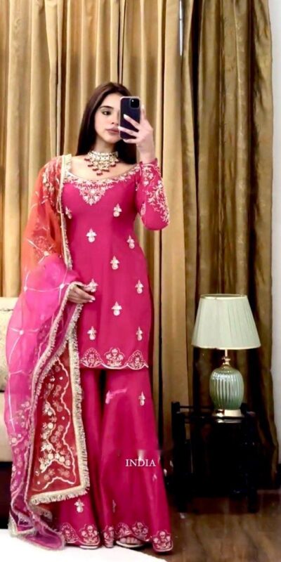 Pink Chinon Silk Embroidery Work Sawlar Suit | Jump Suits, Salwar suit, Casual Suits, Creative suits, Designer Suits, Palazzo Suits, Party Wear Suits, Patiala Suits, Straight Suits