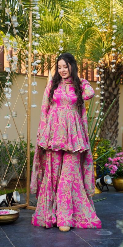 Pink Chinon Silk Printed Sequins Work Salwar Suit | Jump Suits, Tops & Bottoms, Track Suits, Salwar suit, Casual Suits, Creative suits, Designer Suits, Palazzo Suits, Party Wear Suits, Patiala Suits, Straight Suits, Trendy Wear