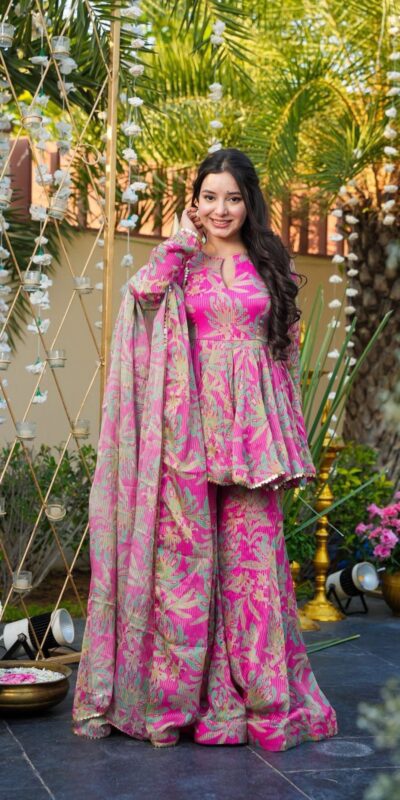 Pink Chinon Silk Printed Sequins Work Salwar Suit | Jump Suits, Tops & Bottoms, Track Suits, Salwar suit, Casual Suits, Creative suits, Designer Suits, Palazzo Suits, Party Wear Suits, Patiala Suits, Straight Suits, Trendy Wear