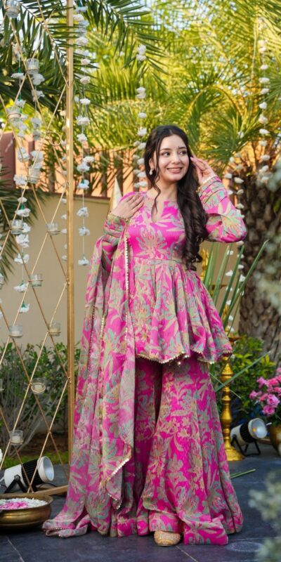 Pink Chinon Silk Printed Sequins Work Salwar Suit | Jump Suits, Tops & Bottoms, Track Suits, Salwar suit, Casual Suits, Creative suits, Designer Suits, Palazzo Suits, Party Wear Suits, Patiala Suits, Straight Suits, Trendy Wear