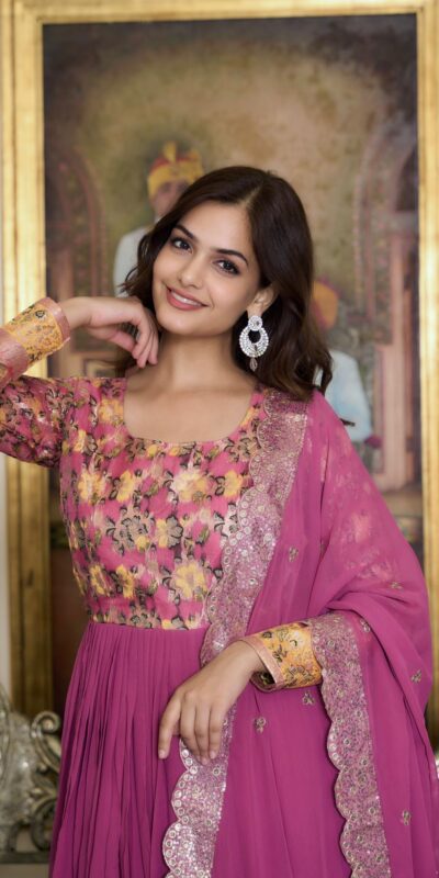 Pink Fox Georgette Embroider Zecard Work Gown | Gowns, Bollywood Gowns, Creative Gowns, Designer Gowns, Embroidered Gowns, Party Wear Gowns, Straight Suits