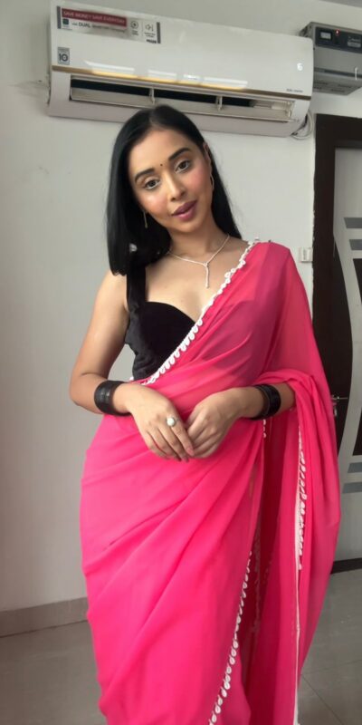 Pink Georgette Lace Work Border Saree | Sarees, Bollywood Sarees, Creative Sarees, Designer Sarees, Embroidered Sarees, Ethnic Saree, Modern Digital sarees, Party Wear Sarees