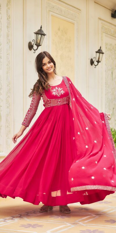Pink Georgette Sequence Embroidery Gown | Gowns, Bollywood Gowns, Creative Gowns, Designer Gowns, Embroidered Gowns, Party Wear Gowns