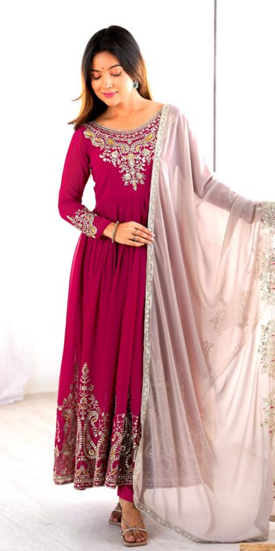 Pink Georgette With Embroidery Work Gown | Jump Suits, Salwar suit, Casual Suits, Creative suits, Designer Suits, Palazzo Suits, Party Wear Suits, Patiala Suits, Straight Suits
