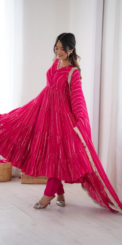 Pink Mal Chanderi Mirror Lace Work Gown | Gowns, Bollywood Gowns, Creative Gowns, Designer Gowns, Embroidered Gowns, Party Wear Gowns