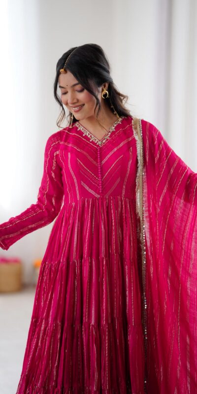 Pink Mal Chanderi Mirror Lace Work Gown | Gowns, Bollywood Gowns, Creative Gowns, Designer Gowns, Embroidered Gowns, Party Wear Gowns