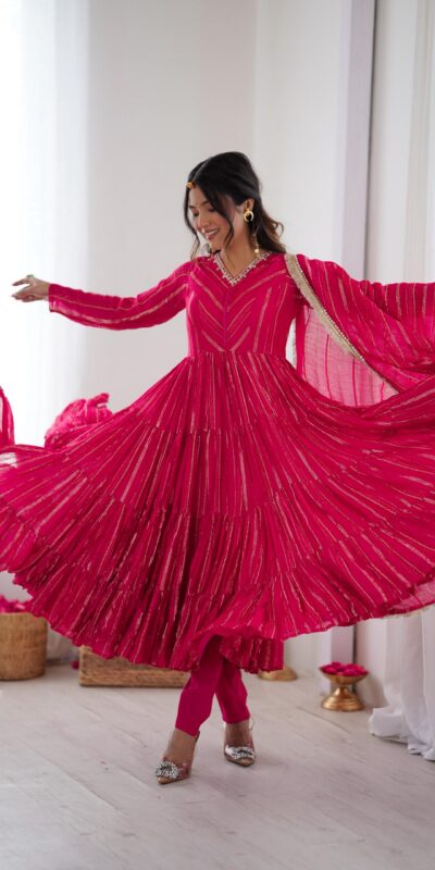Pink Mal Chanderi Mirror Lace Work Gown | Gowns, Bollywood Gowns, Creative Gowns, Designer Gowns, Embroidered Gowns, Party Wear Gowns